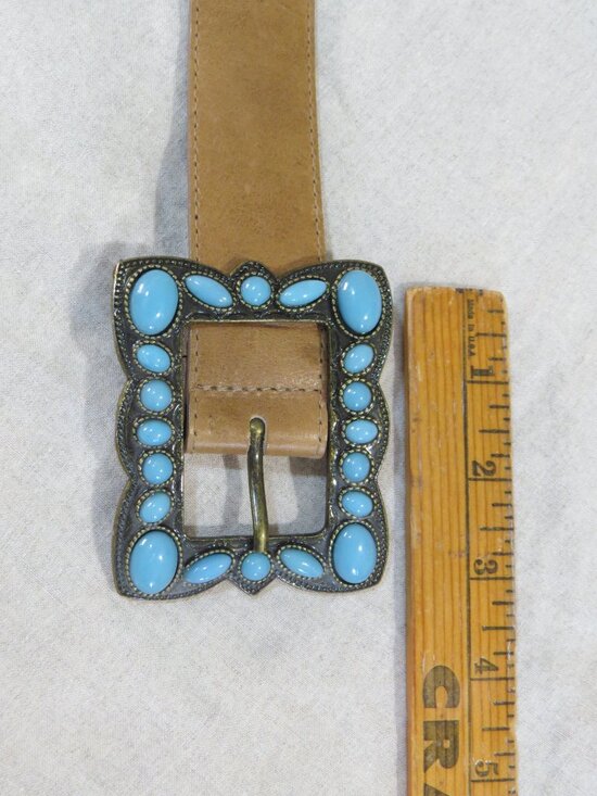 Landes Leather Belt with Faux Turquoise Buckle SIZE XL Tan Brown, Made in Canada